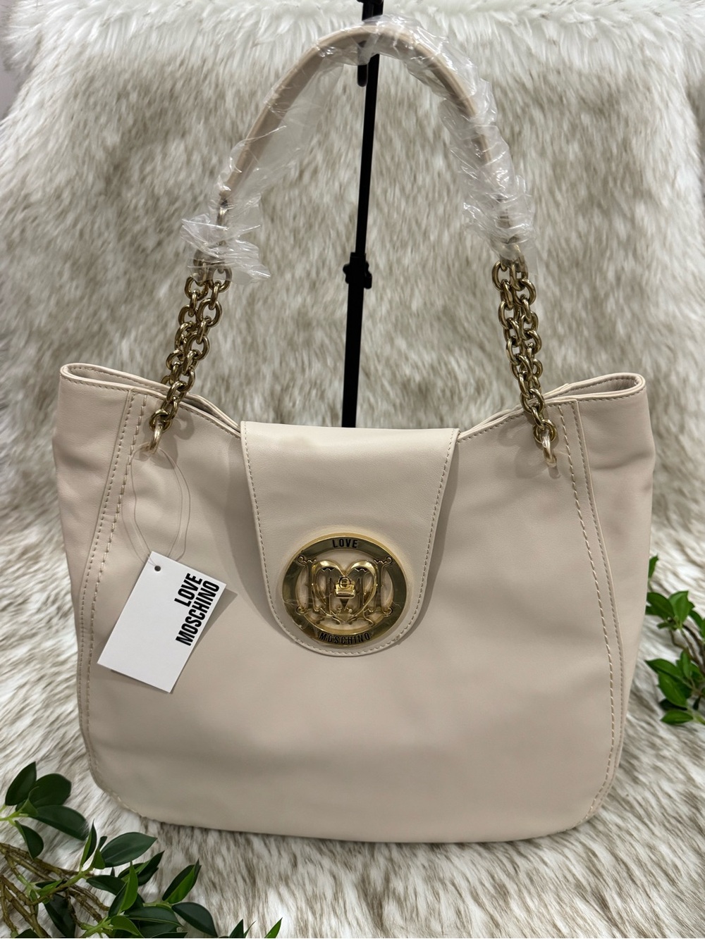 Love Moschino Beige Leather Shoulder Bag with Gold Chain Hardware
